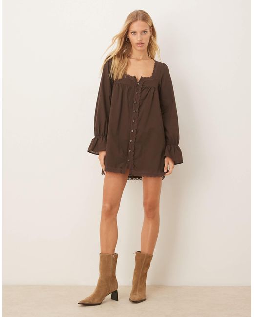 ASOS Cotton Lace Trim Long Sleeve Babydoll Mini Dress in Brown | Lyst