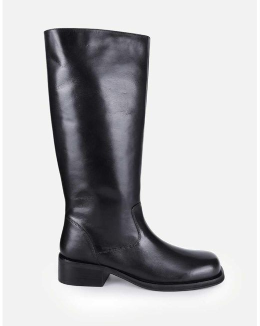OFF THE HOOK Black Helia Leather Block Heel Knee High Boots