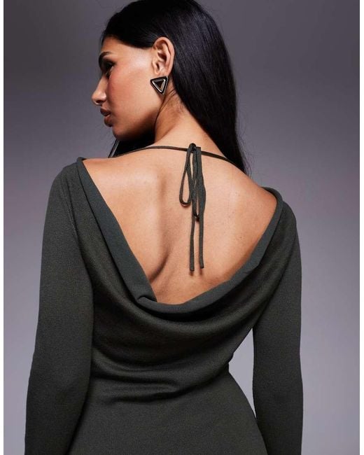 Kaiia Gray Exclusive Fine Knit Cowl Tie Back Long Sleeve Maxi Dress