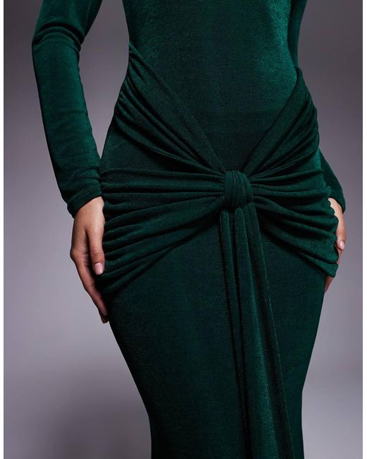 ASOS Blue Long Sleeve Slinky With Sash And Tie Drape Detail And Open Back Maxi Dress