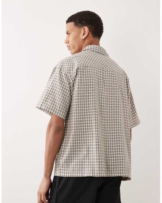 Jack & Jones Gray Linen Blend Cropped Short Sleeve Plaid Shirt for men