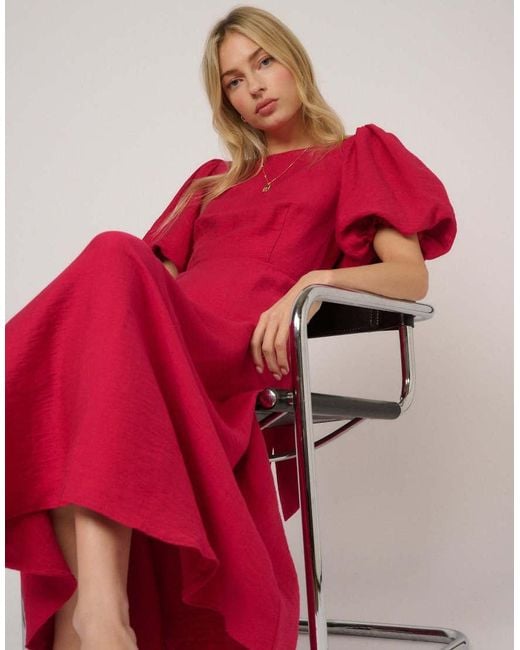 Nobody's Child Red Puff Sleeve Zola Midi Dress