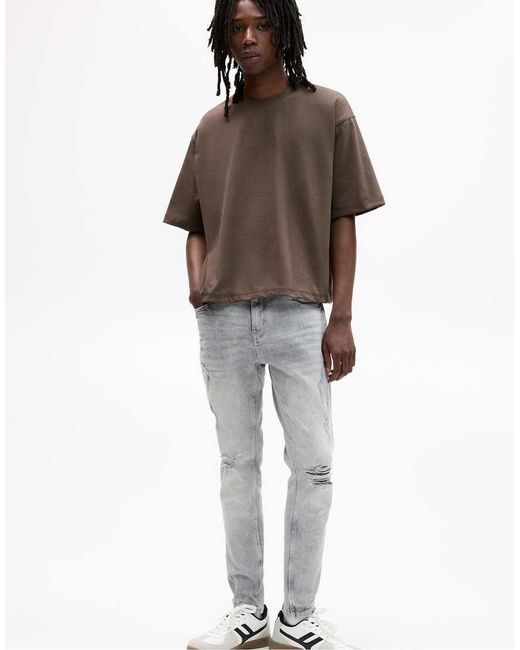 Pull&Bear Gray Ripped Skinny Jeans for men