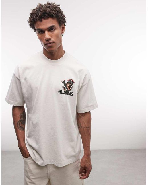 AllSaints Gray Cacti Short Sleeve Graphic Logo T-shirt With Back Print for men