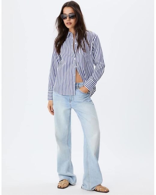 Stradivarius Blue Basic Striped Poplin Shirt With Pocket