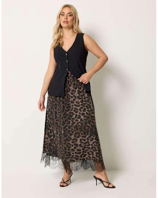 Yours Clothing Brown Leopard Lace Trim Skirt