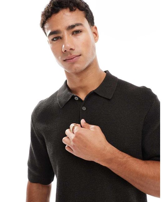 Jack & Jones Black Short Sleeve Knitted Polo for men