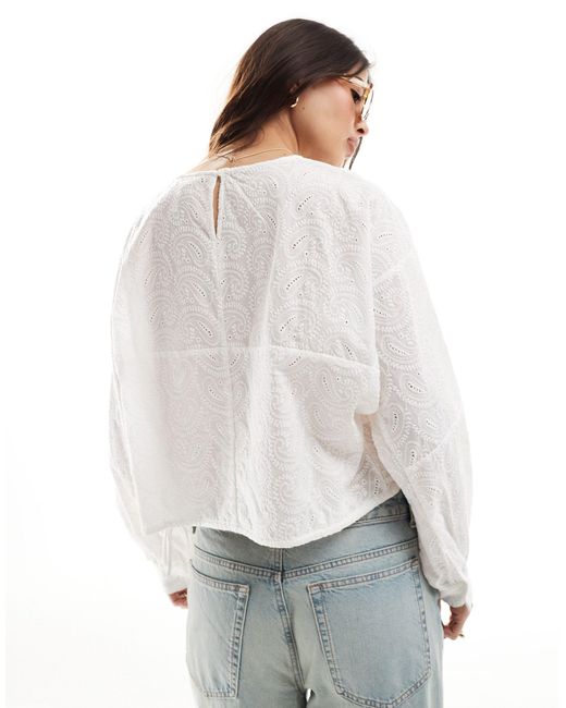 Object White Drawstring Broderie Top With Raglan Sleeve
