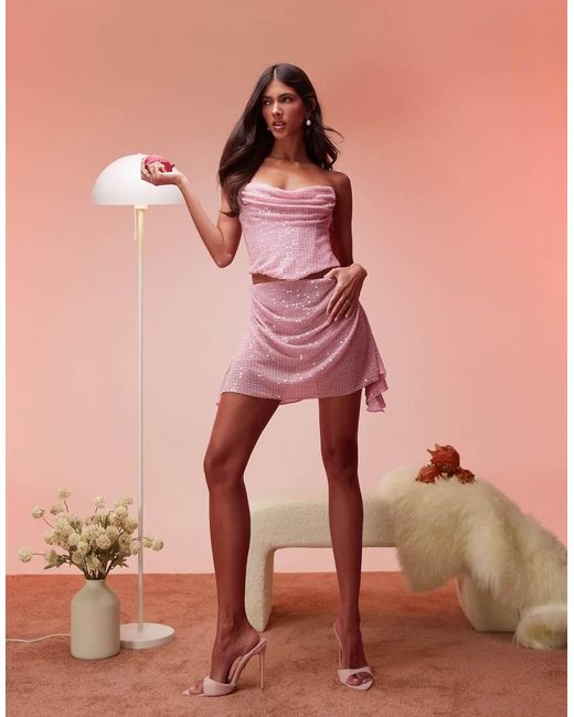 Oh Polly Pink Sybil Embellished Draped Mini Skirt Co-Ord
