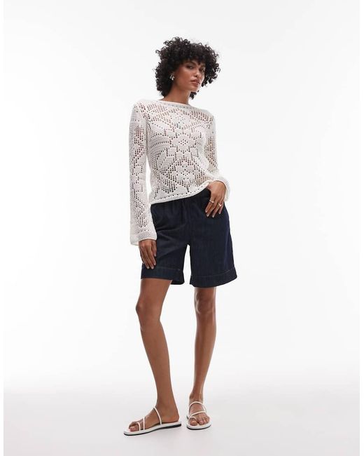 TOPSHOP White Knitted Slash Neck Lace Long Sleeve Top