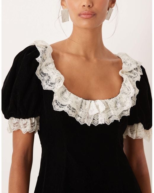 For Love & Lemons Velvet Scoop Neck Puff Sleeve Lace Detail Mini Dress in  Black | Lyst
