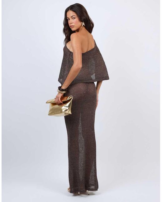 SIMMI Brown Sheer Drape Sequin Knit Co-Ord Top