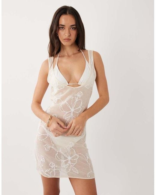 Miss Selfridge Natural Beach Premium Sheer Knit Embroidered Mini Dress