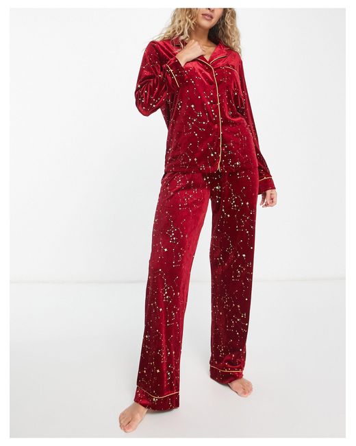 NIGHT Red Long Velvet Pyjama Set With Contrast Piping