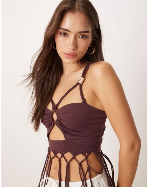 ASOS Purple Twist Strap Ruched Front Fringed Cami Top