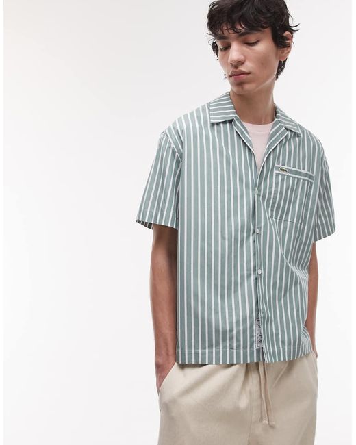 Camicia A Maniche Corte Con Colletto A Rever A Righe Bianche di Lacoste in Blue da Uomo