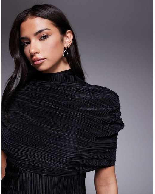 ASOS Blue Plisse Cape Detail Mini Dress With Grown On Neck