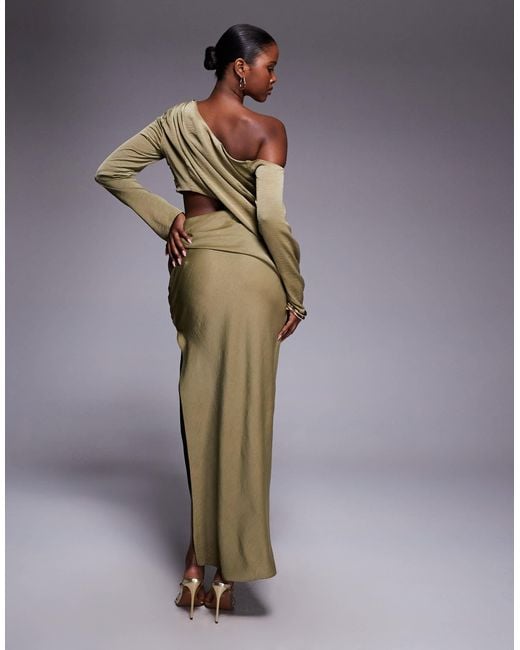 ASOS Fallen Shoulder Maxi Dress With Cutout Waist in Green | Lyst