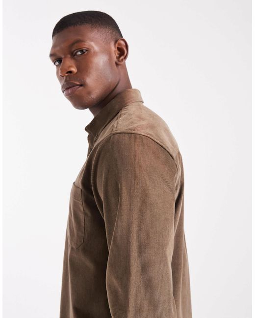 Threadbare Brown Fine Cord Button Down Shirt for men