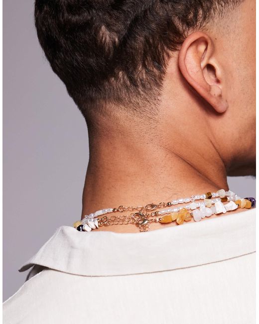 ASOS Natural Festival Semi-precious 3 Pack Beaded Mixed Chips Necklace for men