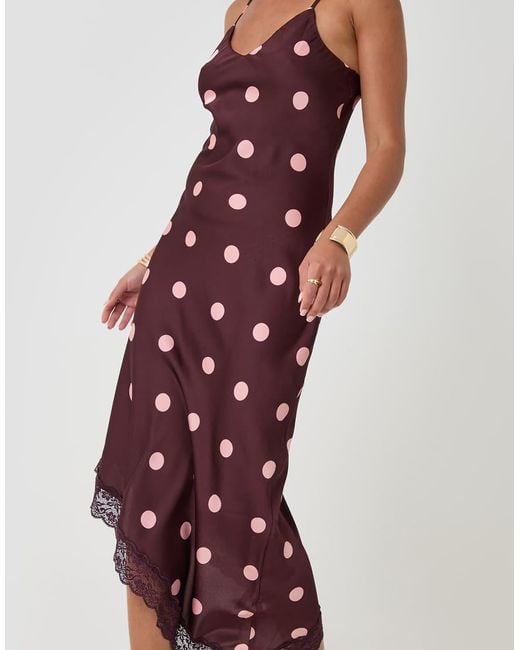 Threadbare Red Polka Dot Satin Lace Trim Maxi Dress