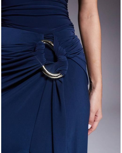Forever New Blue Slinky Ruched Bandeau D Ring Side Detail Slit Front Midaxi Dress