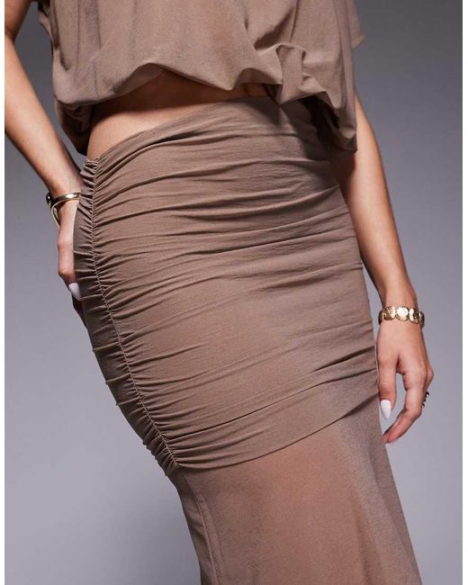 ASOS Gray Co-Ord Sheer Mesh Ruched Waist Maxi Skirt