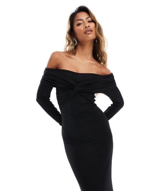 ASOS Black Off Shoulder Twist Midi Dress With Long Sleeves