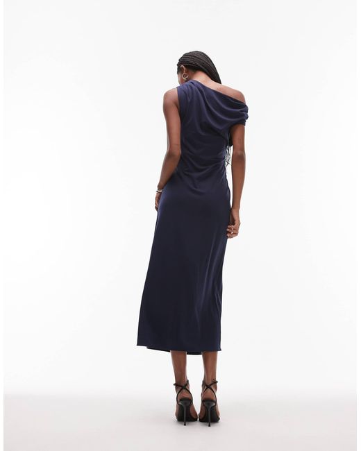 & Other Stories Blue Jersey Midi Dress With Drape Wrap Clasp And Asymmetric Off Shoulder