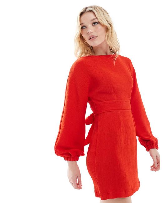 Closet Red Ribbed Balloon Sleeve Mini Dress
