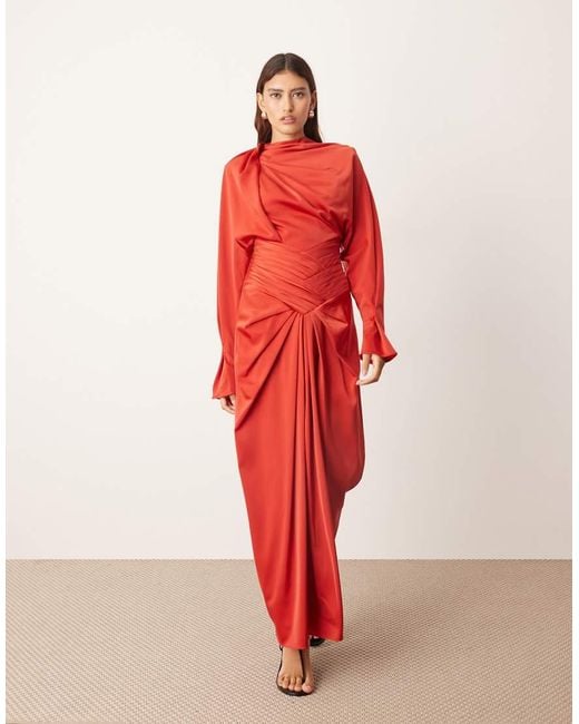 ARRANGE Red Drape Neck Strong Shoulder Maxi Dress With Open Back