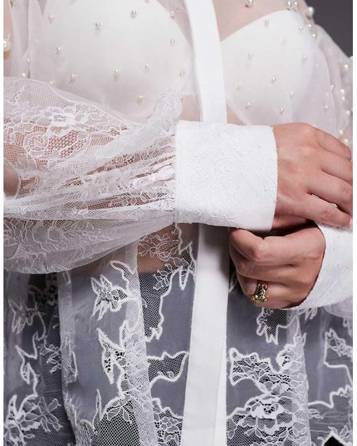 ASOS White Curve Organza And Lace Mix Pearl Embellished Shirt
