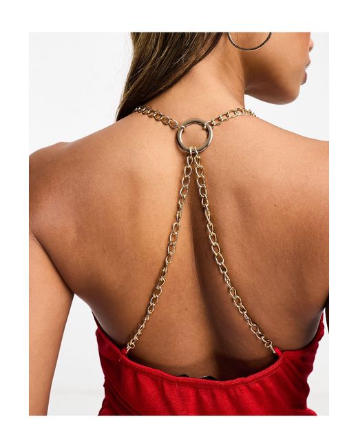 AX Paris Red Thigh Split Gold Chain Strap Detail Slinky Maxi Dress