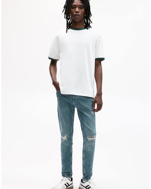 Pull&Bear Blue Ripped Skinny Jeans for men