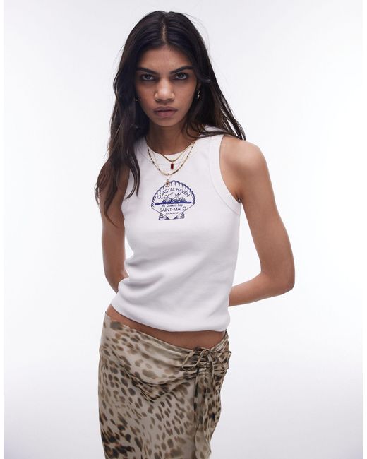 TOPSHOP White Graphic Embroidered Shell Tank Top