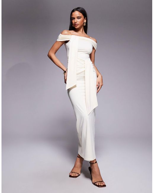 The Frolic Women's Purple Exclusive Slinky Bardot Drape Detail Maxi Dress