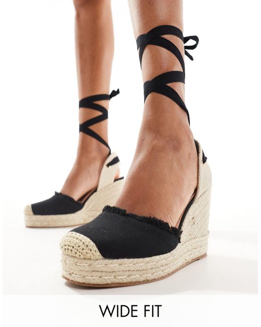 Truffle Collection Black Wide Fit Jute Wedge Strappy Espadrille