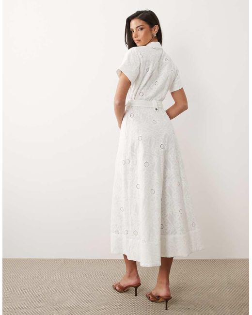Forever New Natural Short Sleeve Broderie Shirt Belt Detail Midi Dress