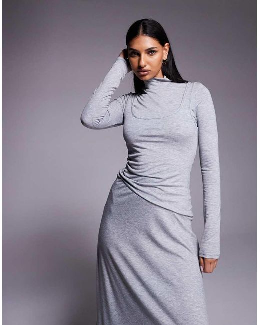 ASOS Gray Long Sleeve Double Layer Hanky Hem Midi Dress