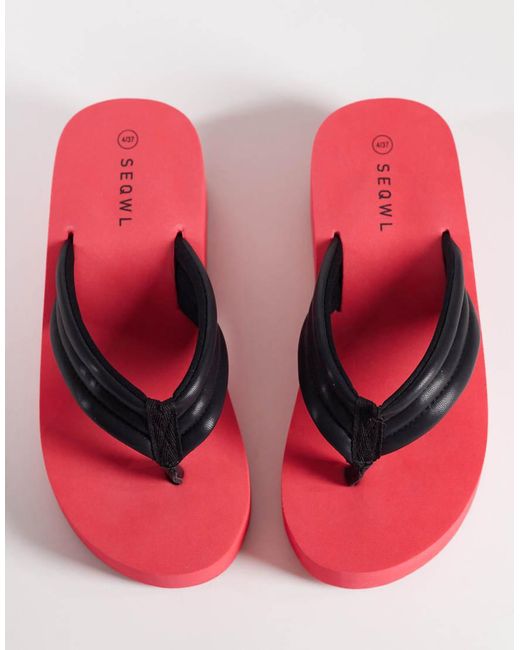 SEQWL Wide Fit Red Thong Flatform Wedge