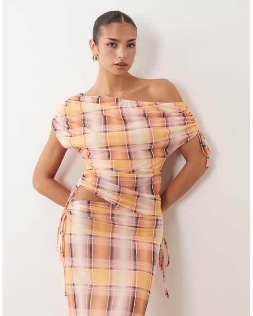 ASOS Getailleerde Top Van Mesh Met Gerimpelde Schouders En Ruitjesprint, Deel Van Co-Ord Set in het Multicolor