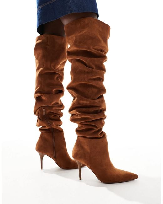 ASOS Brown Knock Ruched Heeled Over The Knee Boots