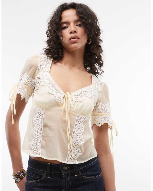 Reclaimed Vintage Natural Chiffon Tea Top With Lace Trim