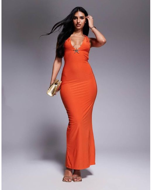 Missy Empire Missy Empire Double Layered Slinky Plunge Cross Back Metal Starfish Detail Maxi Dress