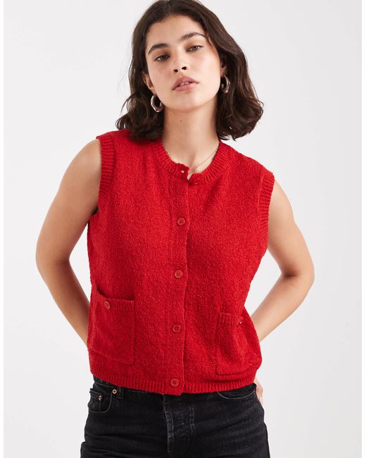 Pieces Red Button Front Knitted Vest