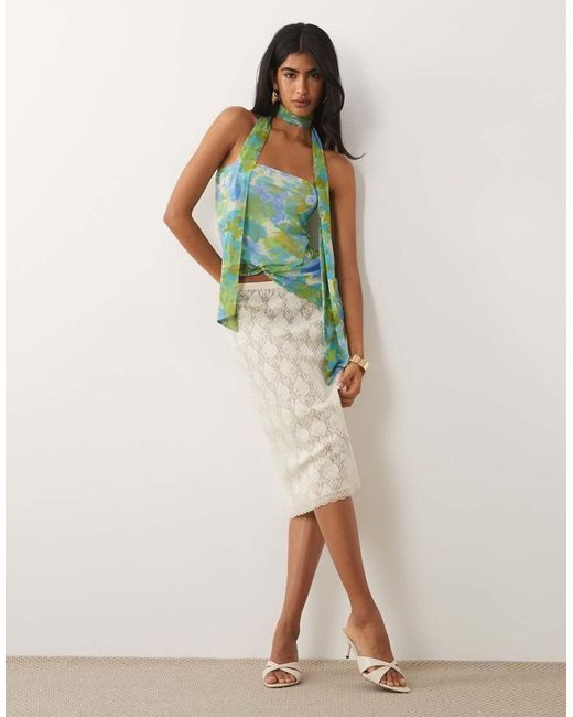 ASOS Green Printed Mesh Bubble Scarf Top With Knot