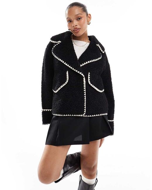 Object Black Borg Teddy Aviator Jacket With Contrast Stitch