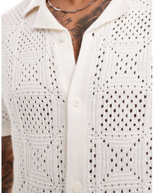 Hollister White Button Through Knitted Shirt With Lace Effect for men