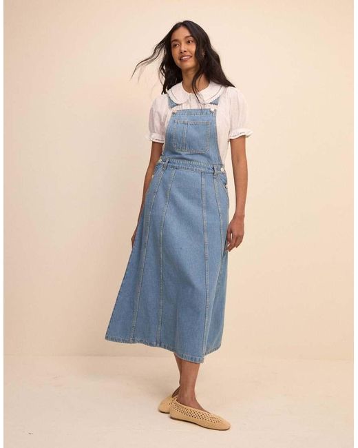 Nobody's Child Blue Mid Wash Denim Dungaree Midi Dress