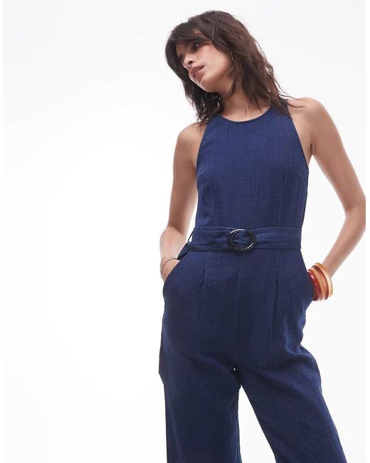 Mango Blue Straight Leg Denim Jumpsuit With Belt Detail